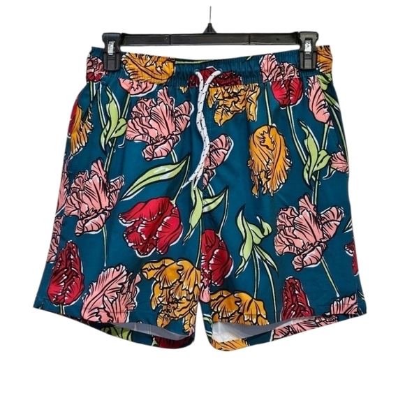 George Floral Green Orange Red Swimshorts 92% Polyester 8% Spandex Sz M 32-34 - Picture 1 of 5